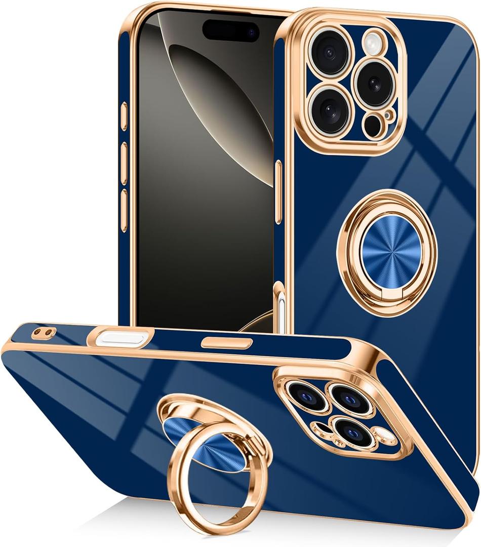 Designed for iPhone 16 Pro Case with Ring Stand, 360 Rotatable Holder Support Magnetic Car Mount Soft TPU Plating with Full-Covered Lens Protection Phone Case for iPhone 16 Pro Blue