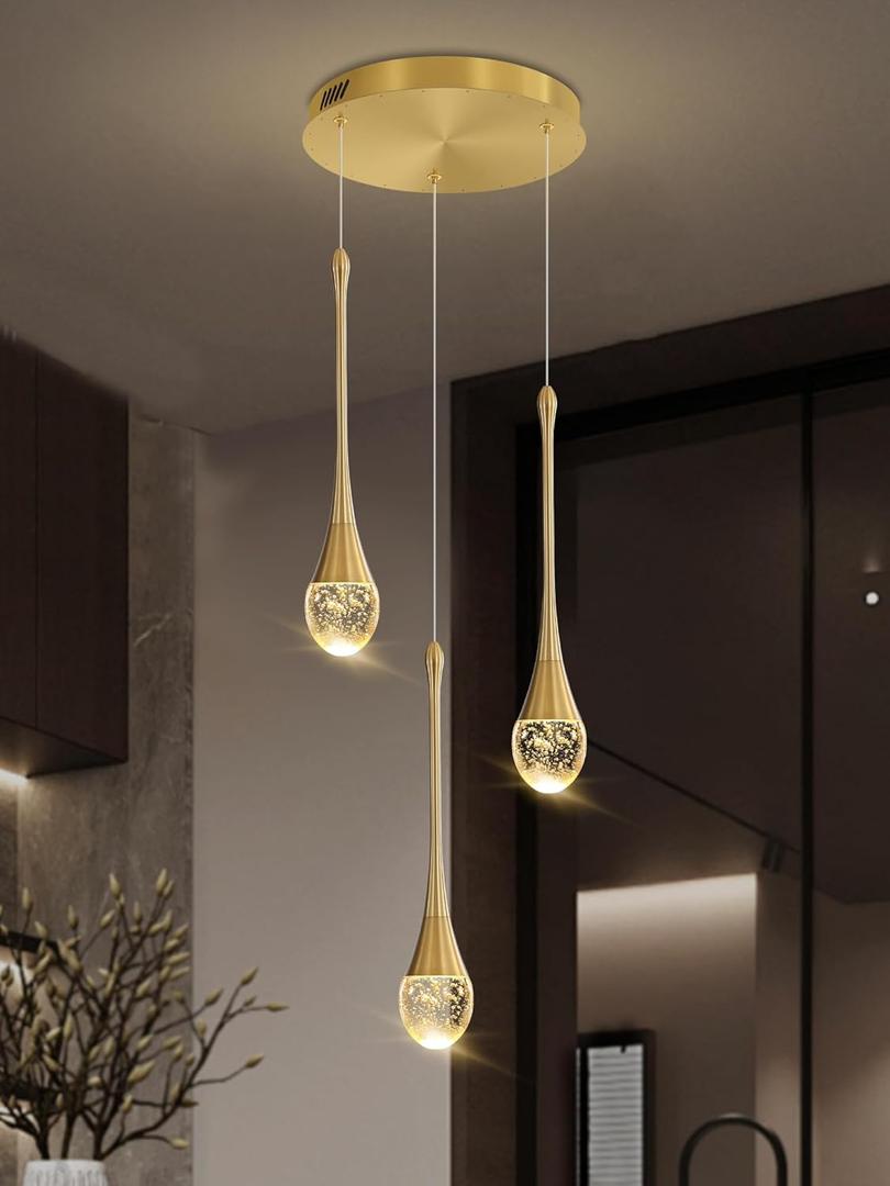 3-Light Gold Chandelier with Dimmable Ceiling Light Crystal Pendant Light for Kitchen Island, Dining Room, Living Room, Entry Hallway