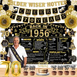 70th Birthday Decorations for Men Women, 36 Pcs Back in 1956 Birthday Party Decorations, Black Gold Happy 70th Banner,Vintage 70th Birthday Table Decorations ,Cake Topper, Sash Party Supplies