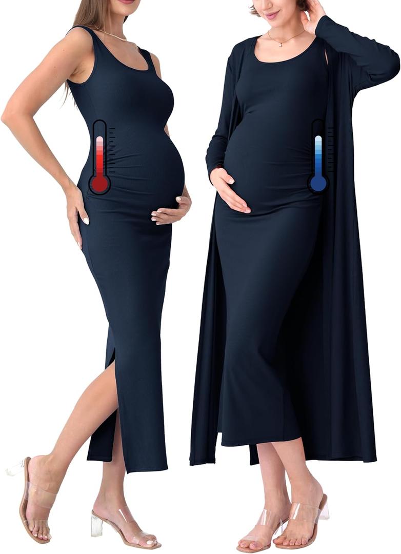 Rnxrbb 2 PCS Spring Summer Maternity Dress Cardigan Set Bodycon Maxi Formal Dresses Boho Baby Shower for Women (Large, Navy)