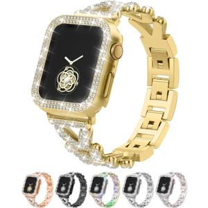 Rhinestones Encrusted Metal Bracelet and Case, Compatible with Apple Watch Bands 38mm-49mm (Series 11/10/1/SE/Ultra 2)- Bling Gold Women's Jewelry Strap, Luxury iWatch Bracelet with Screen Protector