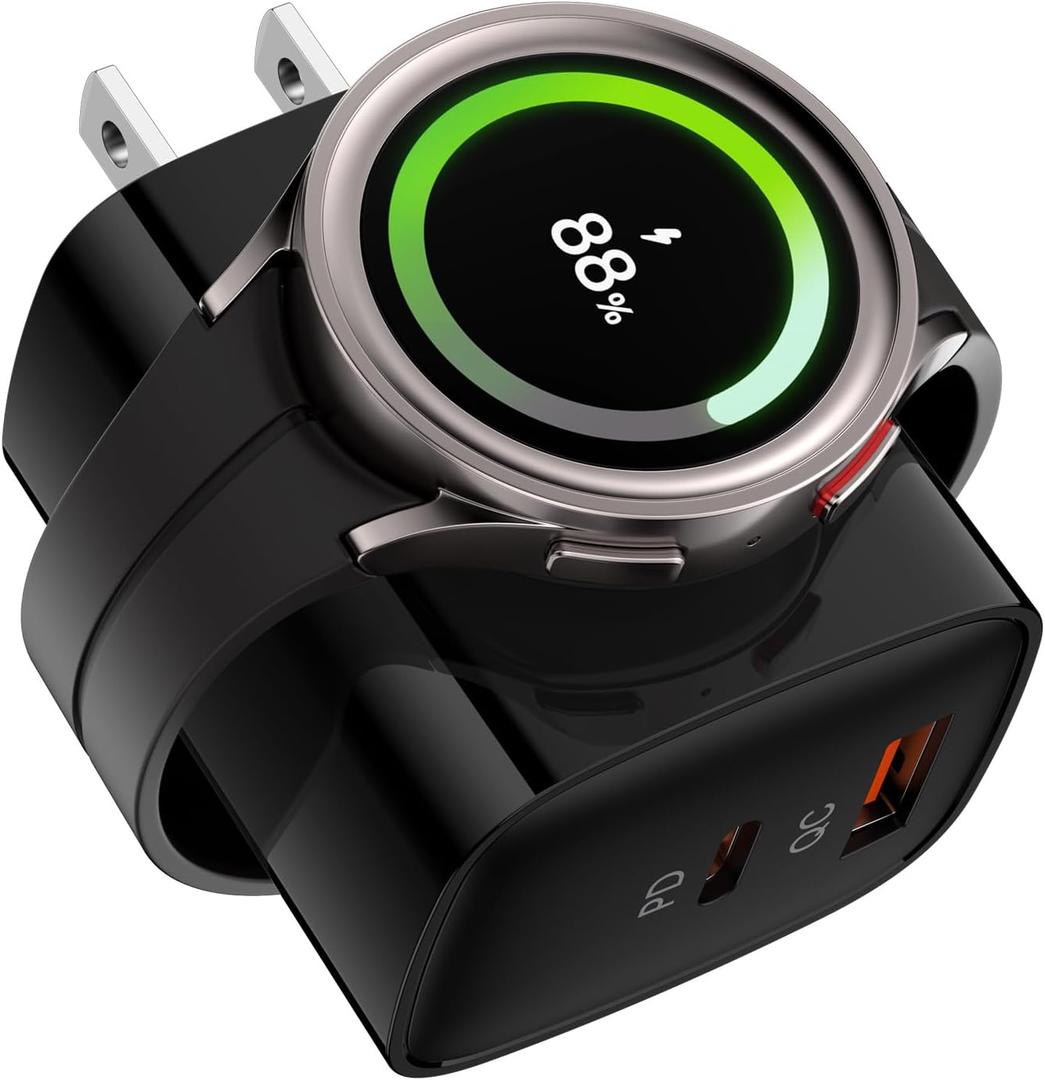Samsung Galaxy Watch8 Charger, 3 in 1 Wireless Charging Cube for Galaxy Watch Ultra 8 Classic 7 6 5, Double Port USB C + USB A Fast Charger Wall Plug Power Block for Samsung A17 A16 A15 A36 S26-Black
