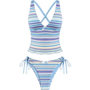 ZAFUL Women's Tankini Set V Neck Tummy Control Floral Printed Tie Side Thong Bikini Swimsuits 2 Piece Bathing Suits(C-Stripe Steelblue,L)