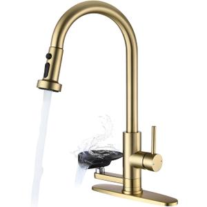 Pull Down Kitchen Faucet with Glass Rinser, 3 Spray Modes, Brushed Gold | stainless steel, high pressure glass rinser, 3 or single hole install, high arc spout, fits bar RV & farmhouse sinks
