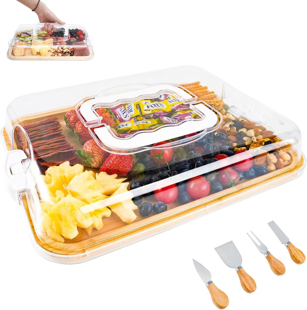 BADIABO Charcuterie Board with Clear Locking Lid, Travel Portable Cheese Board Set, Bamboo Cutting Boards for Kitchen, House Warming Gifts New Home, Gifts for Women (White - 1 Compartments)