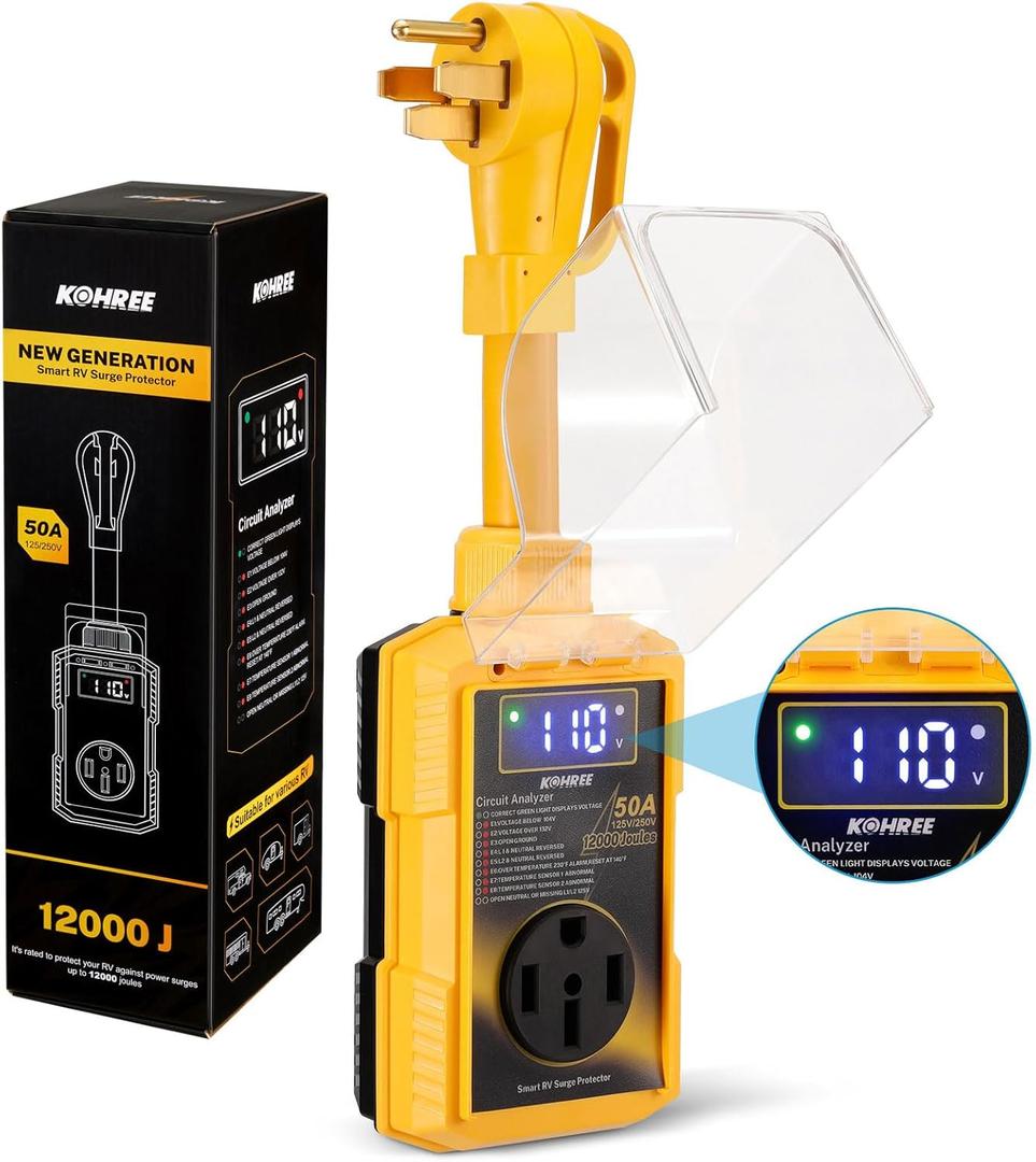 Kohree RV Surge Protector 50 Amp with High/Low Voltage Protection, Auto Shut Off, 12000 Joules 50 Amp RV Surge Protector Waterproof, All-in-1 Circuit Analyzer w/LED Display for RV Camper, Yellow