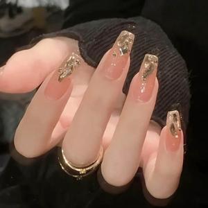 Hkanlre Bling Coffin Press on Nails Fake Nails Tips Full Cover Medium False Gradient Nails for Women and Girls 24PCS (Gold Coffin)