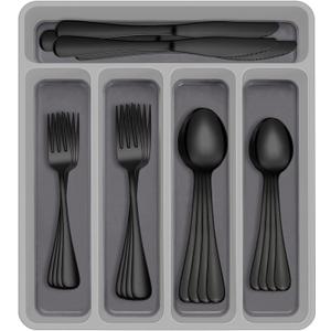 60-Piece Black Silverware Set with Organizer, AIVIKI Stainless Steel Flatware for 12, Cutlery Utensil Set for Home Restaurant, Tableware Includes Knife Fork Spoon Set, Mirror Polished