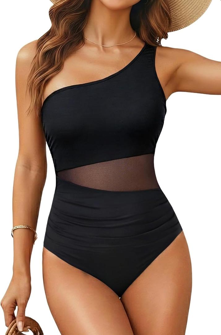 Yonique Women One Piece One Shoulder Swimsuit Mesh Bathing Suit Tummy Control Swimwear (Medium, Solid Black)