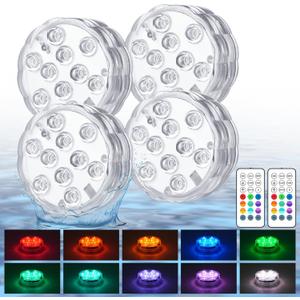 Creatrek Pool Lights with Remote, 10 Color Changing Pool Lights for Above Ground Pools, Battery Operated Submersible LED Lights for Pond, Bathtub, Hot Tub, Party, 4 Pack