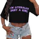 LovelyWholesale Baby Tee for Women Graphic Crop Tops Summer Short Sleeve Tops Black Purple G X-Large