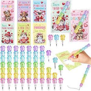 Ceiba tree Valentines Day Cat Dog Puppy Cards Paw Shape Stacking Stackable Pencils Gifts Exchange for Kids Classroom School Class Classmates 24 Sets Kindergarten Preschool, 2Pack