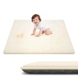 ACOMOPACK 1.3" Thick Baby Play Mat for Floor 50x50"-Memory Foam Water-Repellent Playpen Mat for Tummy Time,Non-Slip Soft Velvet Nursery Rug for Kids,Toddlers,Infants CrawlingBeige