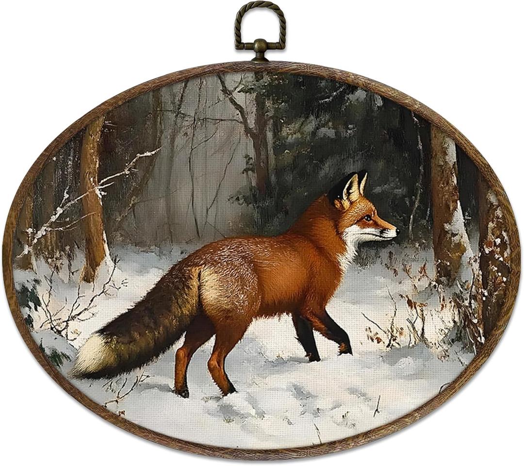 KFXHANGD Winter Fox Oval Wall Art Framed, Rustic Animals Canvas Wall Art Decor, Fox Decorations for Home, Farmhouse Winter Christmas Animals Hanging Decor for Living Room Bathroom, 11.3x8.7 In