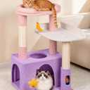 32" Cute Cat Tower for Indoor Kittens with Cat Condo, Plush Platform, Hammock, Sisal Scratching Posts, Dangling Ball, Tall Cat Tree Tower with Self-Grooming Brush (Moonlit Violet)