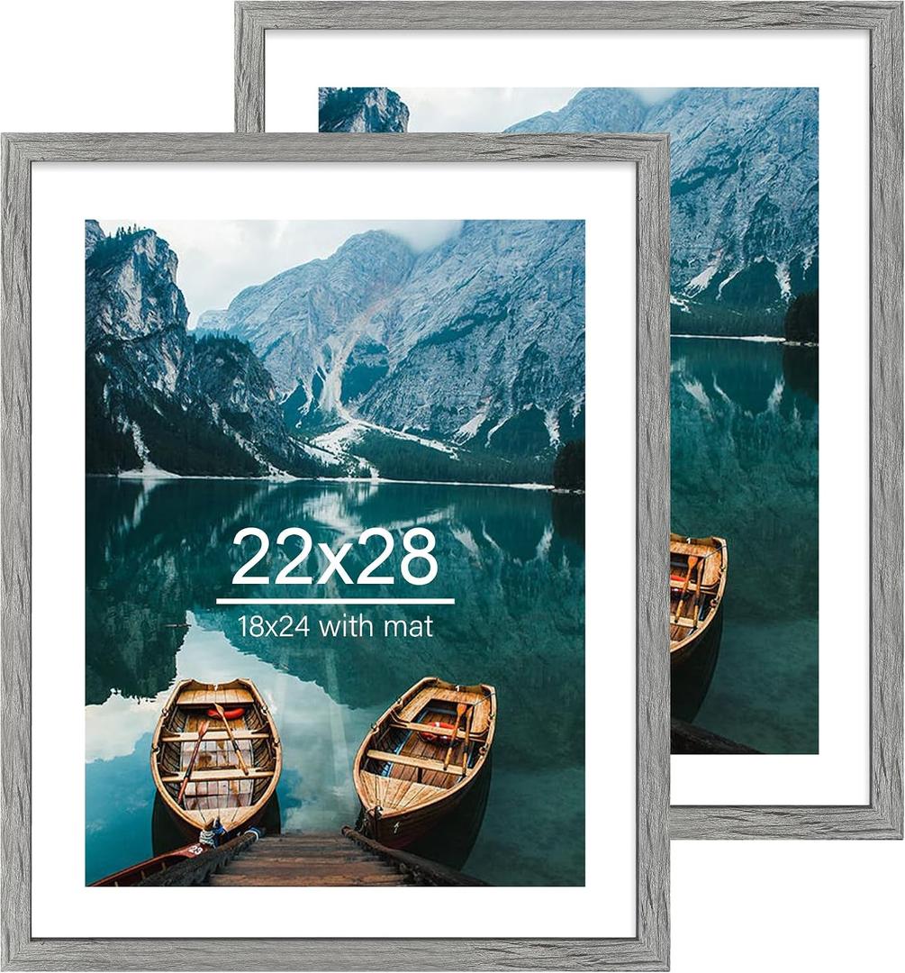 Hongkee 22x28 Frame Set of 2, Rustic Grey Wood Style - Display 18x24 Picture Frame with Mat or 22 x 28 Poster Frame without Mat, Wall Mounting Horizontal and Vertical