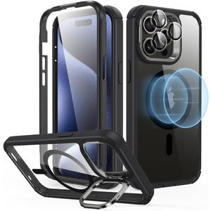 ESR for iPhone 13 Pro Max Case with Stand, Compatible with MagSafe, Full-Body Military-Grade Drop Proof Case with Built-in 9H+ Tempered Glass Screen Protector, Armor Series, Clear Black