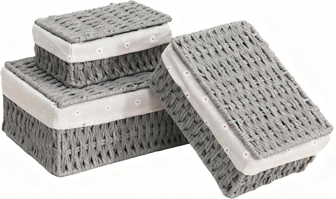 Small Wicker Basket with Lid, Gray Paper Rope Woven Storage Basket with Removable Liner, Stackable Shelf Bin for Bathroom, Closet, Dresser (S-7"4.3"3", Grey)