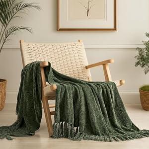 EverGrace Chenille Knit Throw Blanket for Couch, 50"x60", Olive Green