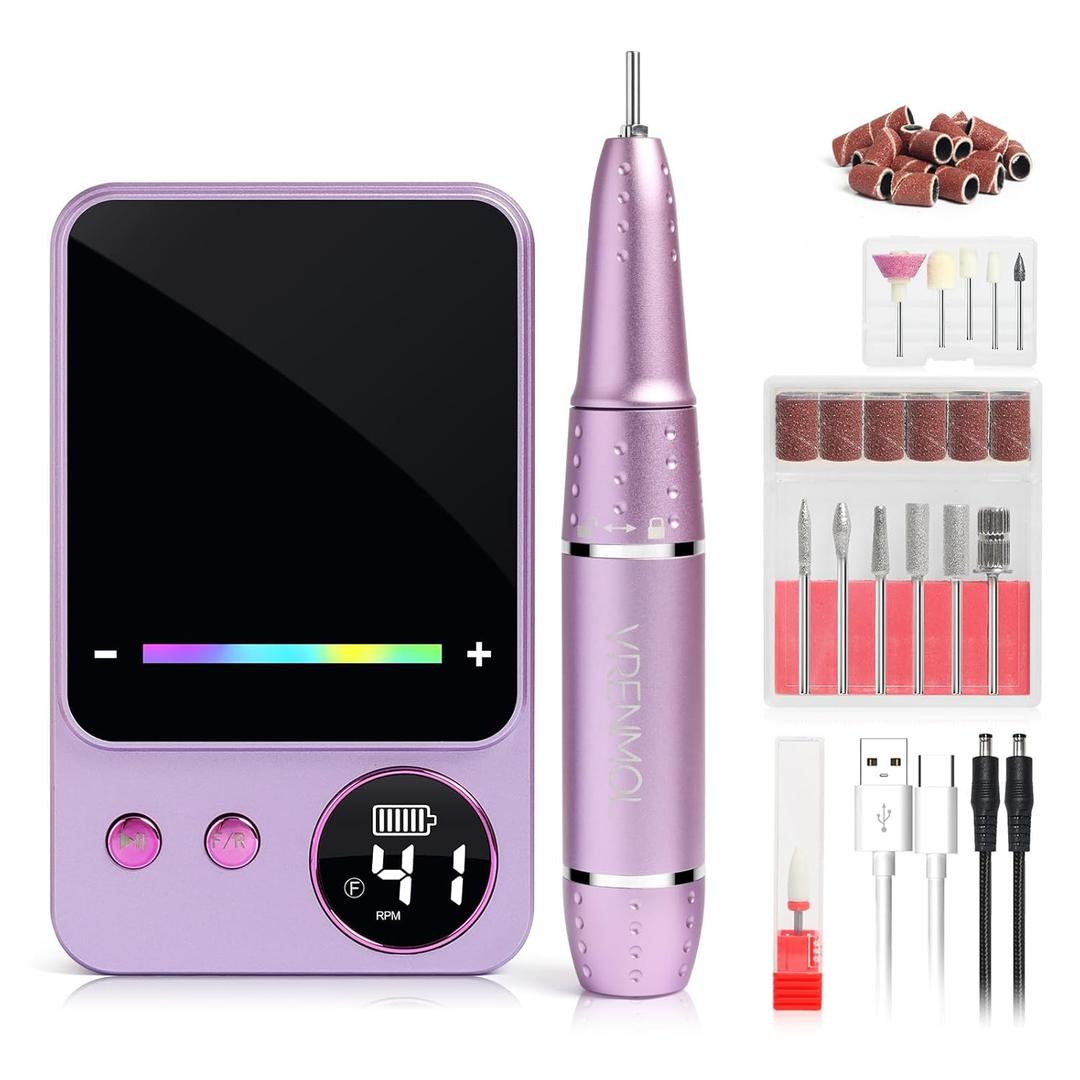 Vrenmol Nail Drill Professional: 45000 RPM Electric Nail File Smart Touchscreen Rechargeable Nail Dr Ill Kit Portable Nail Drill with 12 Drill Bits for Acrylic Nail Gel Polishing Removing Efile Salon, Purple Pro
