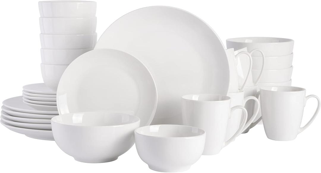 Gibson Home Oslo 8-Piece Dinner Plate Set  Porcelain, Chip & Scratch Resistant, White with Black Rim  Modern Round Plates for Everyday Use & Entertaining (Service for 6 (30pcs), White (Coupe - 30pcs))