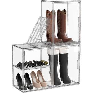 3 Pack Boot Storage Organizer Tall Boots Boxes Clear Plastic Stackable Acrylic Boot Display Case Storage Box with Divider, Shoe Organizer Box, XXX-L