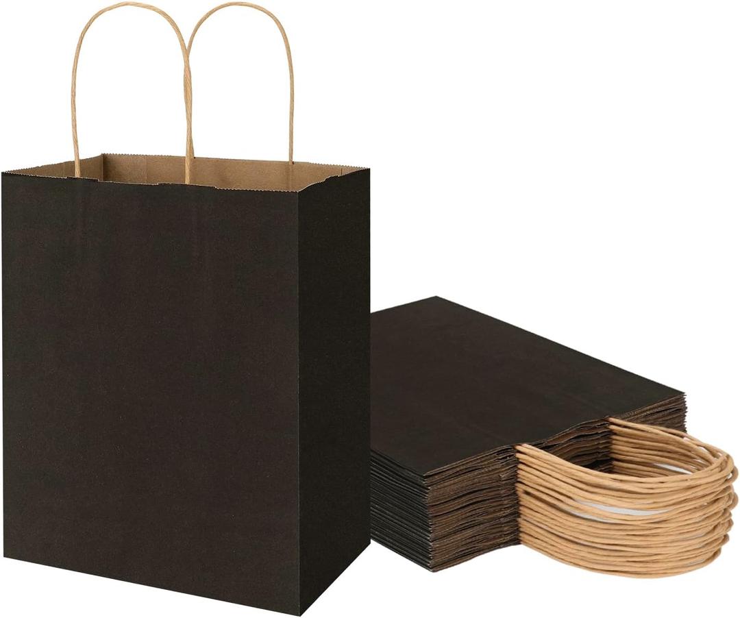 25 Pack 8x4.75x10 Inch Medium Black Kraft Paper Bags with Handles Bulk, Toovip Gift Wrap Bags for Favor Grocery Retail Party Birthday Shopping Business Goody Craft Merchandise Take Out Recycable Sacks
