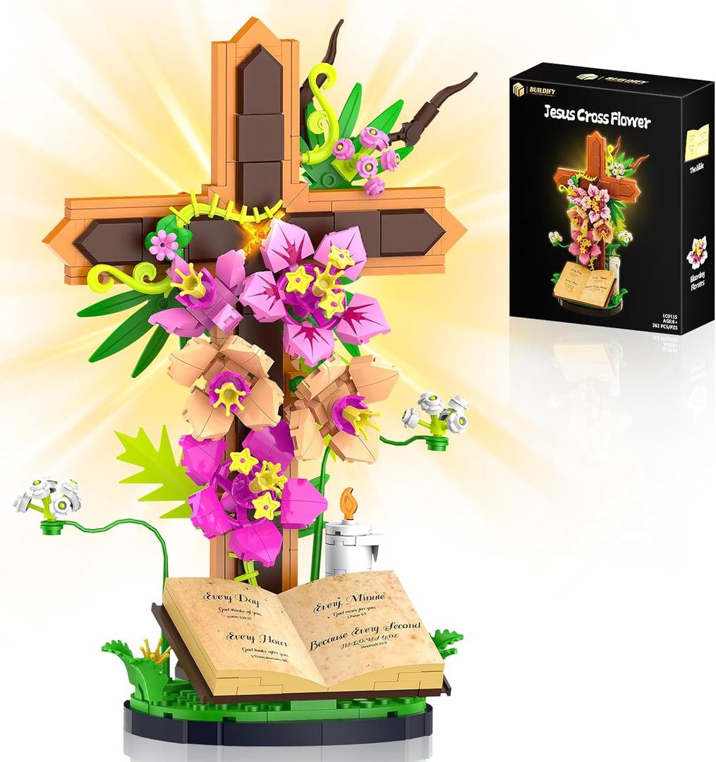 Jesus Cross Flowers Building Blocks Set, Religious Crucifix Compatible with Jesus Building Toy for Decor, Catholic Bible Building Toys, Christmas Easter Gift for Christian Adults Boys Girls, 363PCS
