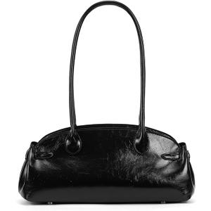 Vintage Shoulder Bag - Glossy Leather Top Handle Handbag, Retro Minimalist Dome Shoulder Purse, Elegant Underarm Bag Black