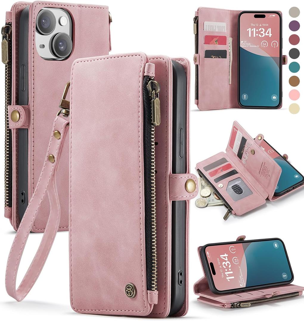 Defencase Compatible with iPhone 15 Plus Case Wallet with RFID Blocking Card Holder for Women Men, PU Leather Magnetic Snap Flip Zipper Strap Wallet Phone Case Fit for iPhone 15 Plus 6.7", Rose Pink