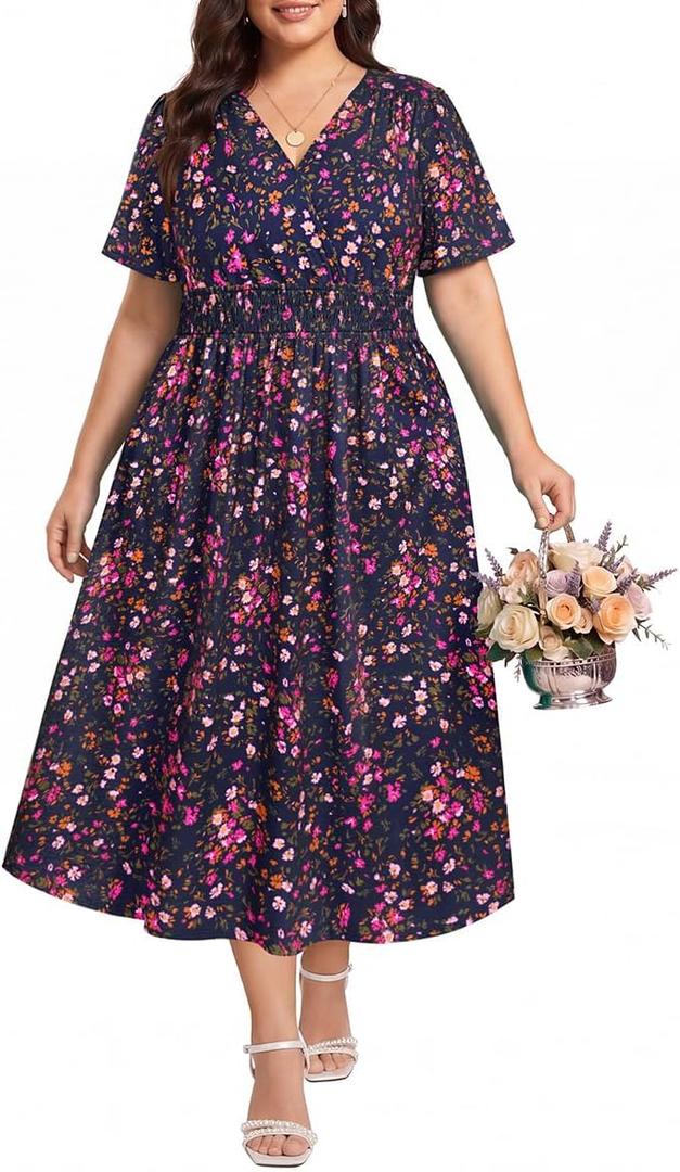 CARCOS Plus Size Dresses for Curvy Women V Neck Summer Maxi Dress Short Sleeve Floral Boho Dress Smocked Waist Beach Dress (Blue, 5XL)