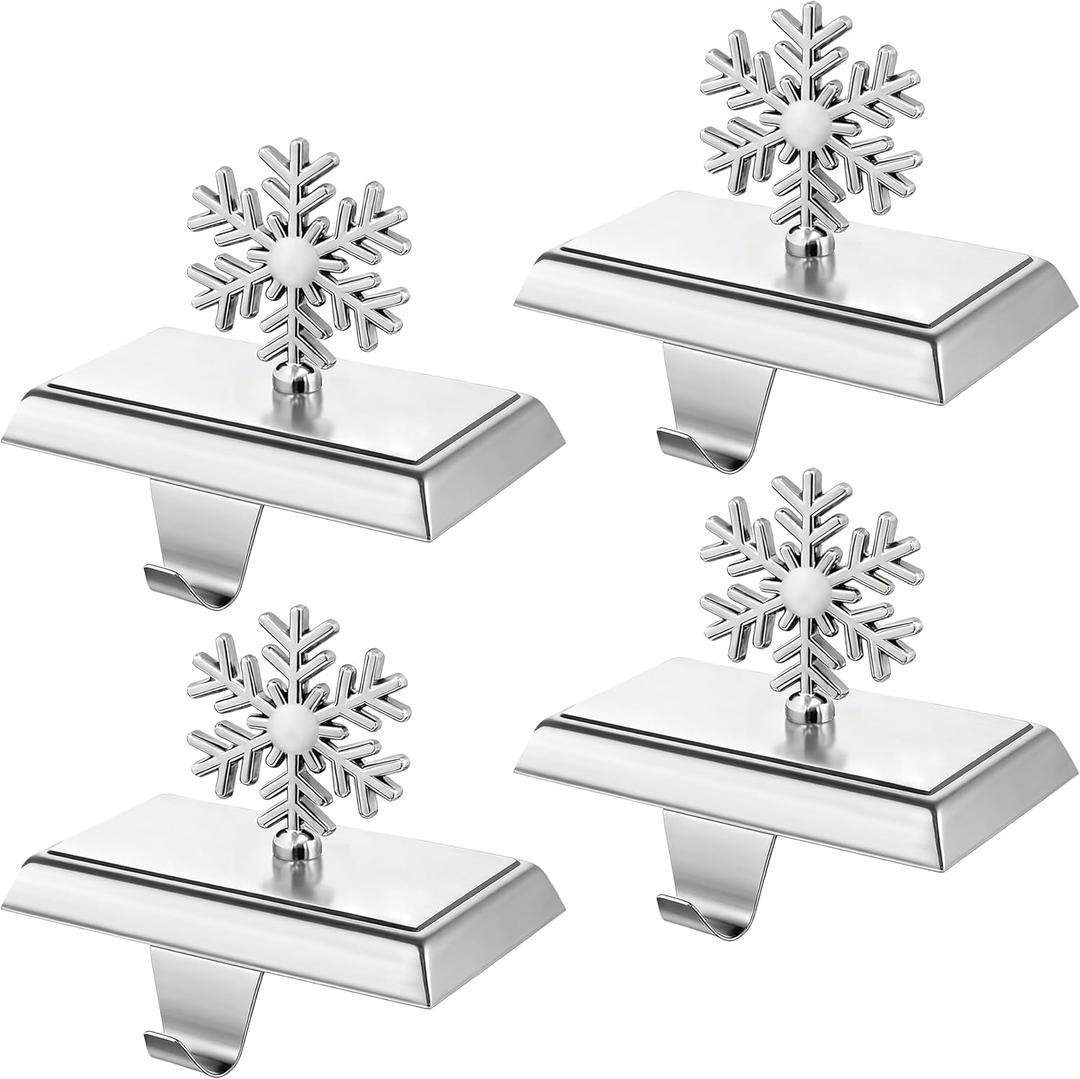 MNKXL Set of 4 Metal Christmas Stocking Holders for Mantle, Heavy Duty Weighted Stocking Holders for Mantle, Silver 3D Snowflake Stocking Holder for Tables Window Fireplace Christmas Decorations