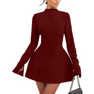 YMDUCH Women's Elegant Long Sleeve Mock Neck Backless A-line Party Mini Dress (Medium, Winered)
