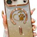 for iPhone 17 Pro Max Case, Glitter Clear Cute Paw Love Heart, Compatible with MagSafe, Strong Magnetic Full Camera Lens Protection Cover, Soft Slim Bling Phone Case 6.9" - Gold