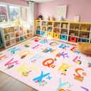 LIVEBOX 7'5" x 13' Pink ABC Kids Classroom Carpet, Large Washable Alphabet Educational Learning Area Rugs for Classroom Elementary, Non-Slip Pastel Preschool Kids Teacher Rug for Kindergarten Daycare