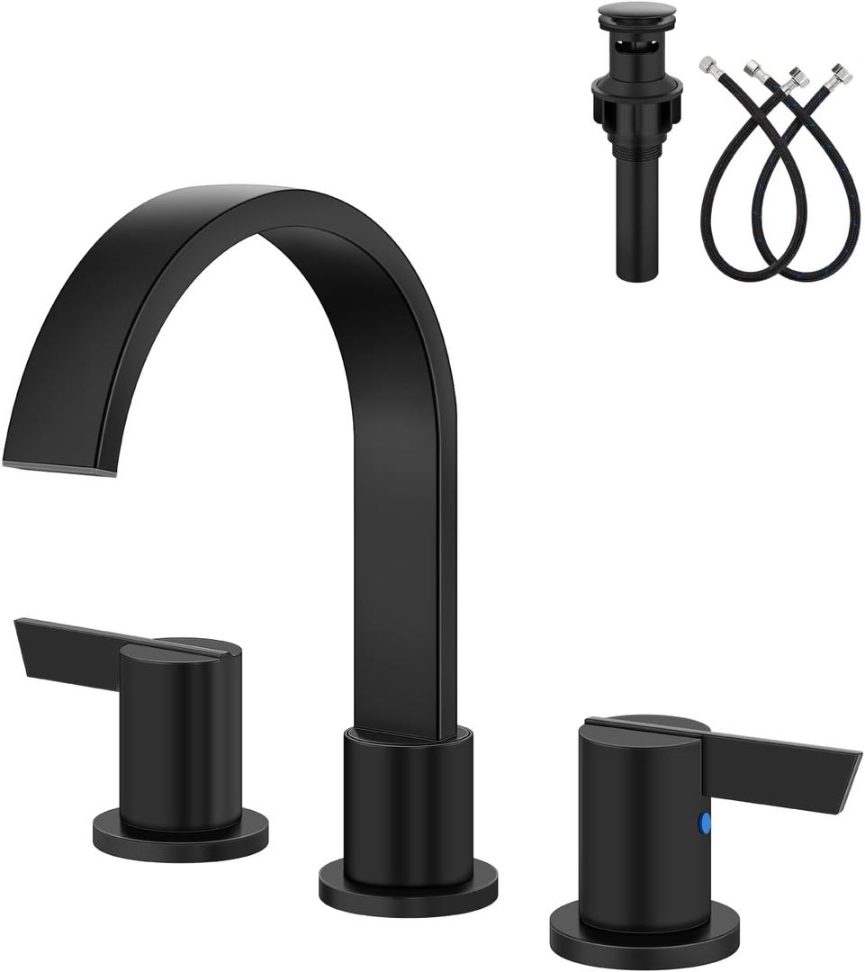 Aolemi Bathroom Faucets 3 Hole,8 Inch Widespread Waterfall Bathroom Sink Faucet,2 Handles Vanity Faucet with Pop-up Drain and Supply Hose,Matte Black