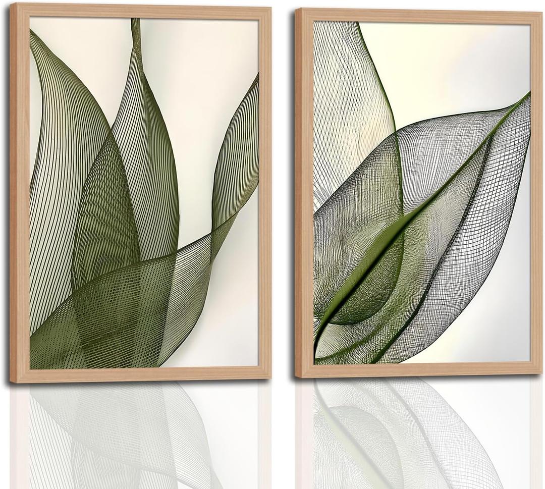 Green Leaf Wall Art Set of 2 with Wooden Frame – Minimalist Botanical Plant Prints, Modern Boho Tropical Leaves Painting, Framed Picture Wall Decor 16x24 Inch