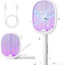 YISSVIC Electric Fly Swatter Foldable Bug Zapper Racket 2 in 1 Mosquito Killer with Purple Attractant Light Rechargeable 1800mAh for Indoor Home Backyard Patio Camping (White)