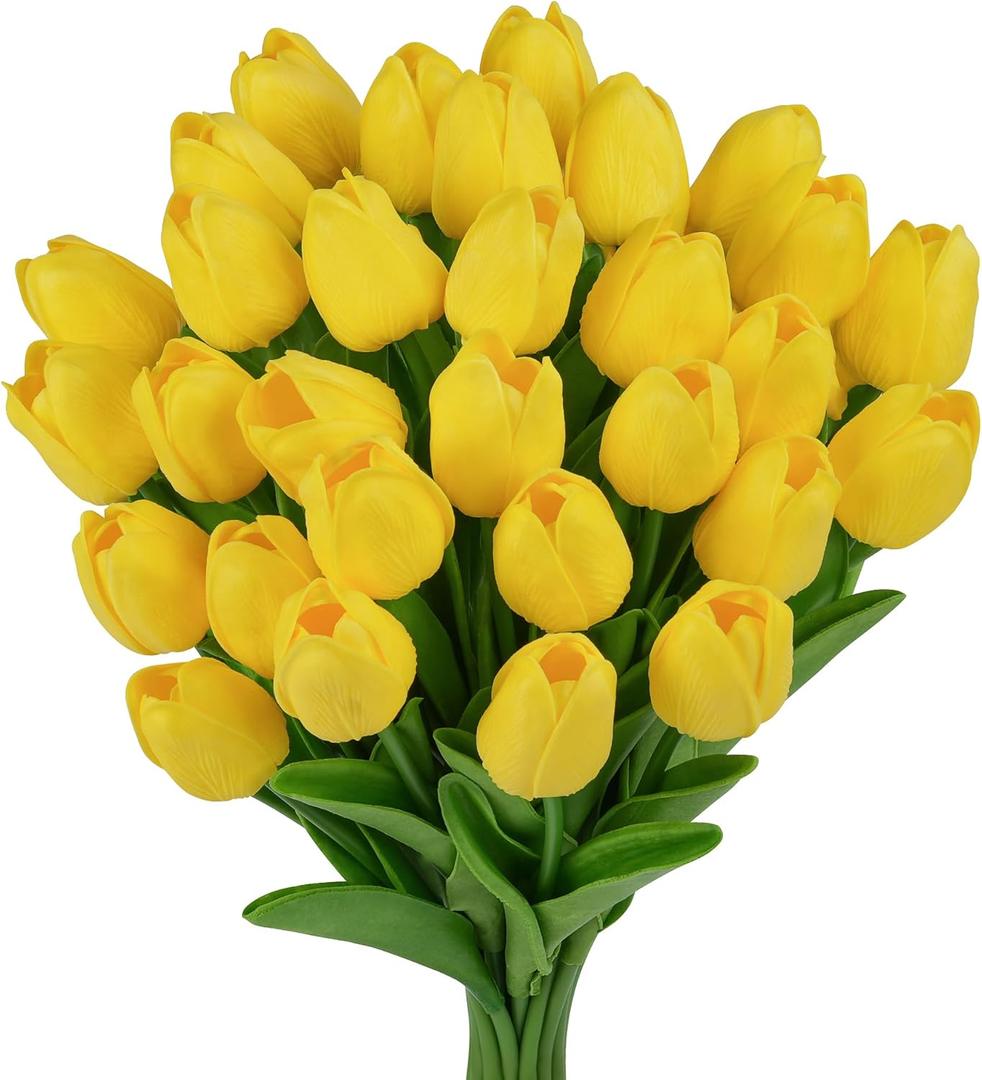 20 Pcs Yellow Tulips Artificial Flowers,13'' Real Touch Tulips Fake Flowers for Home Kitchen Wedding Decorations,Spring Flower Bouquet Christmas Table Decorations Valentines Day Easter Decor