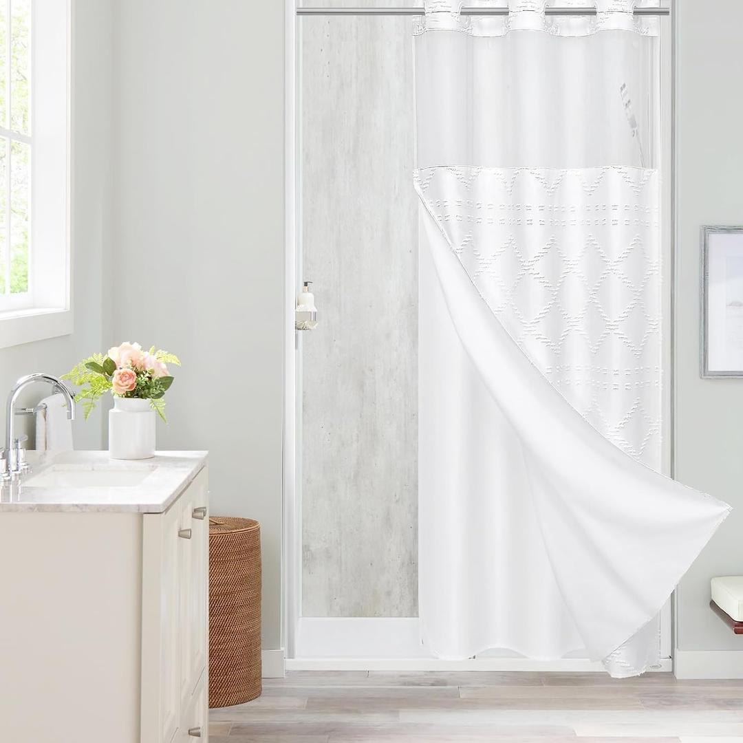 Boho White Woven Fabric Shower Curtain 36 x 74 Modern Farmhouse, No Hooks Tufted Chevron Striped Shabby Chic Textured, Minimalist Cloth Curtain for Bathroom, Hotel Decor