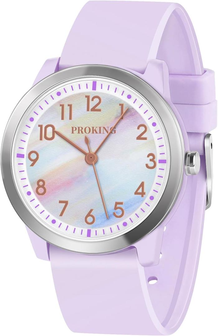 PROKING Kids Watch for Girls Boys Children Teens Analog for Kid 8-18 Years Old Learning Time and Easy to Read 50M Waterproof with Soft Band, Great Gift for Kids (Purple - Rainbow Dial)