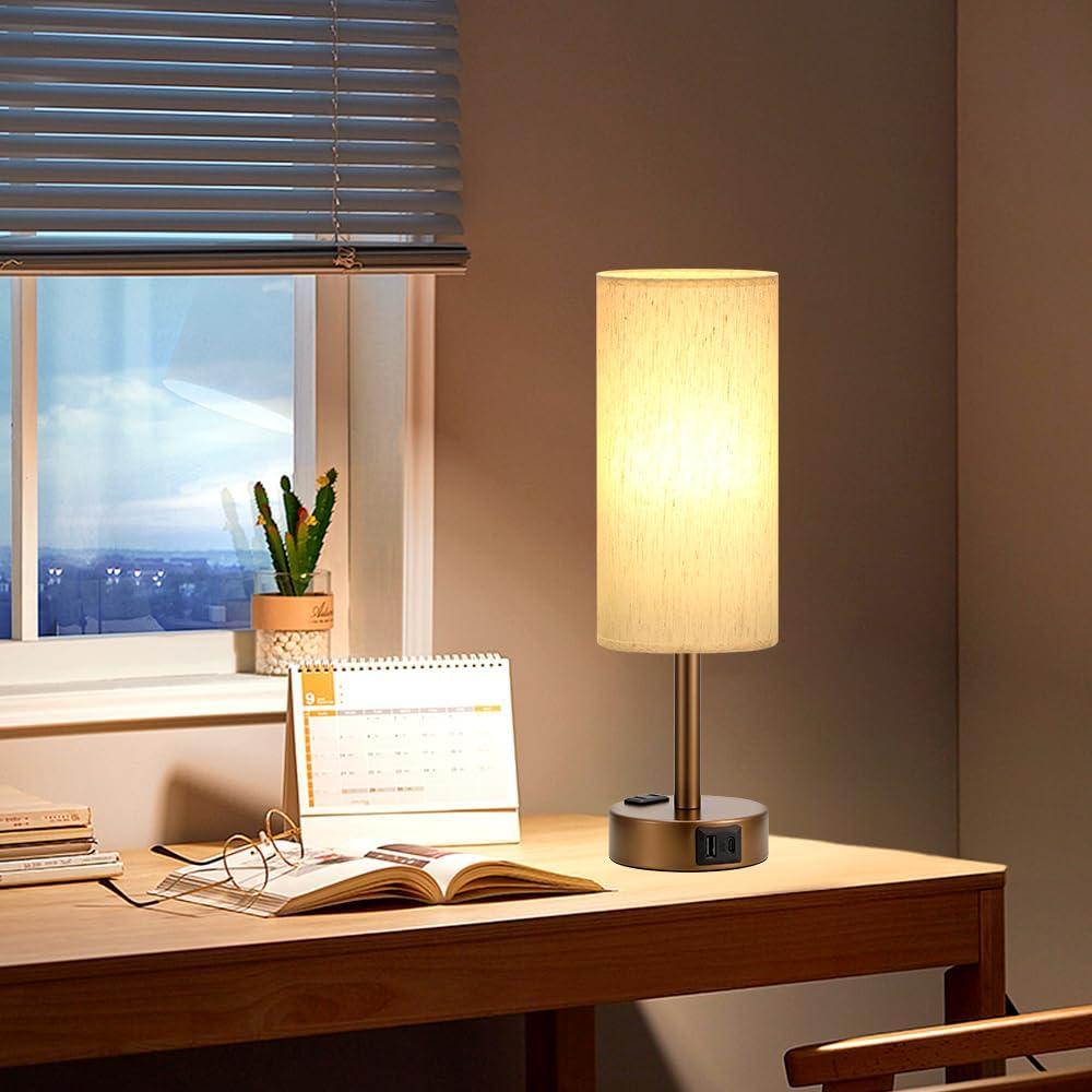 Brown Bedside Table Lamp for Bedroom - 3 Way Dimmable Touch Lamp USB C Charging Ports and AC Outlet, Small Lamp Round Flaxen Cream Fabric Shade for Living Room, Desk