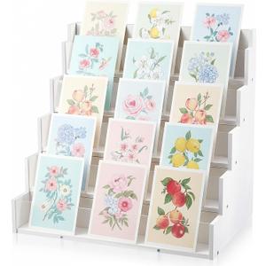 Yuntau Greeting Card Display Stand Bamboo and Acrylic Sticker Display Stand Greeting Card Holder Retail Photos Card Display Shelf for Vendors Craft Trade Shows(White, 5 Tier)