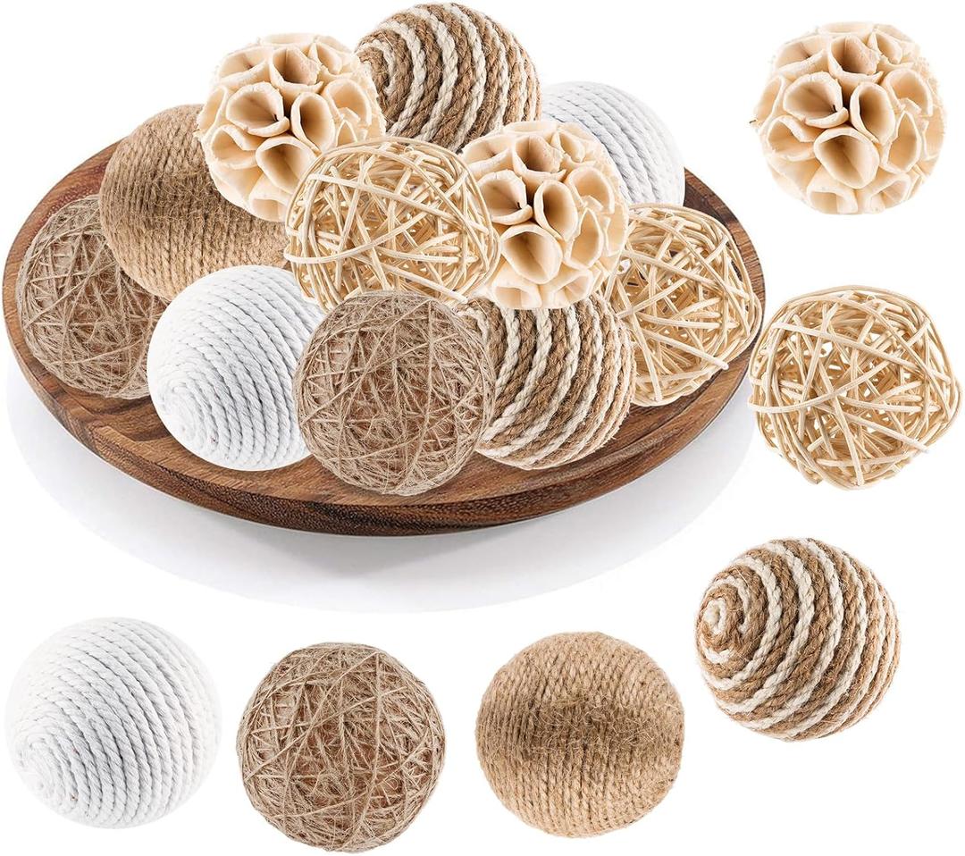 Supkiir 12Pcs Decorative Balls for Centerpiece Bowls, Wicker Rattan Spherical Rustic Ball, Natural Bowl Fillers & Vase Fillers for Home Decor Party Wedding Tabletop