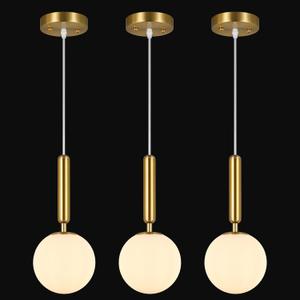 Modern Hanging Light Fixture Pendant Lighting for Kitchen Island Mid Century Gold Pendant Lights with Globe Milky White Glass Pendant Light for Bedroom Bathroom Entryway (3 Pack)