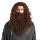 Spooktacular Creations Halloween Brown Wizard Curly Wig with Beard, Long Brown Funny Father Time Costume Accessory for Men, Adults Cosplay Party and Dress Party Christmas Accessories