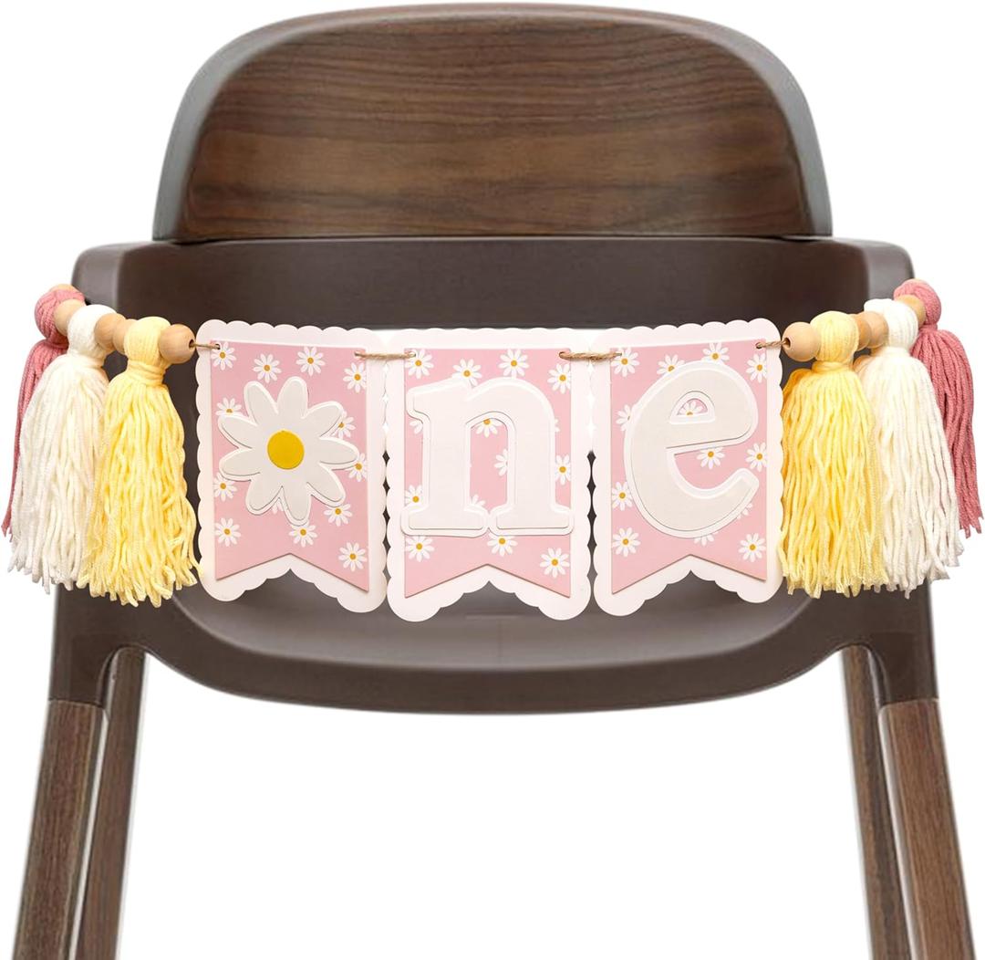 Daisy One High Chair Banner - Spring Theme Birthday Celebration Decorations Pink Floral Banner for Baby
