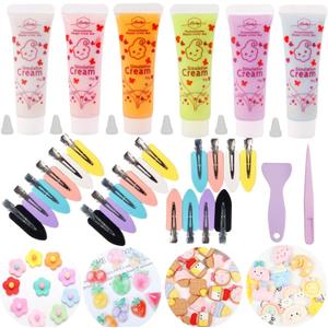 Taginke 6 Colors (15ml Each) Cream Glue Set DIY Hairpin Kit, 6 Pcs Decoden Cream with 20 Pcs Hairpins with 40pcs Slime Charms Resin with 1 Pack Tool with 6 Plastic Mouths (Flower)