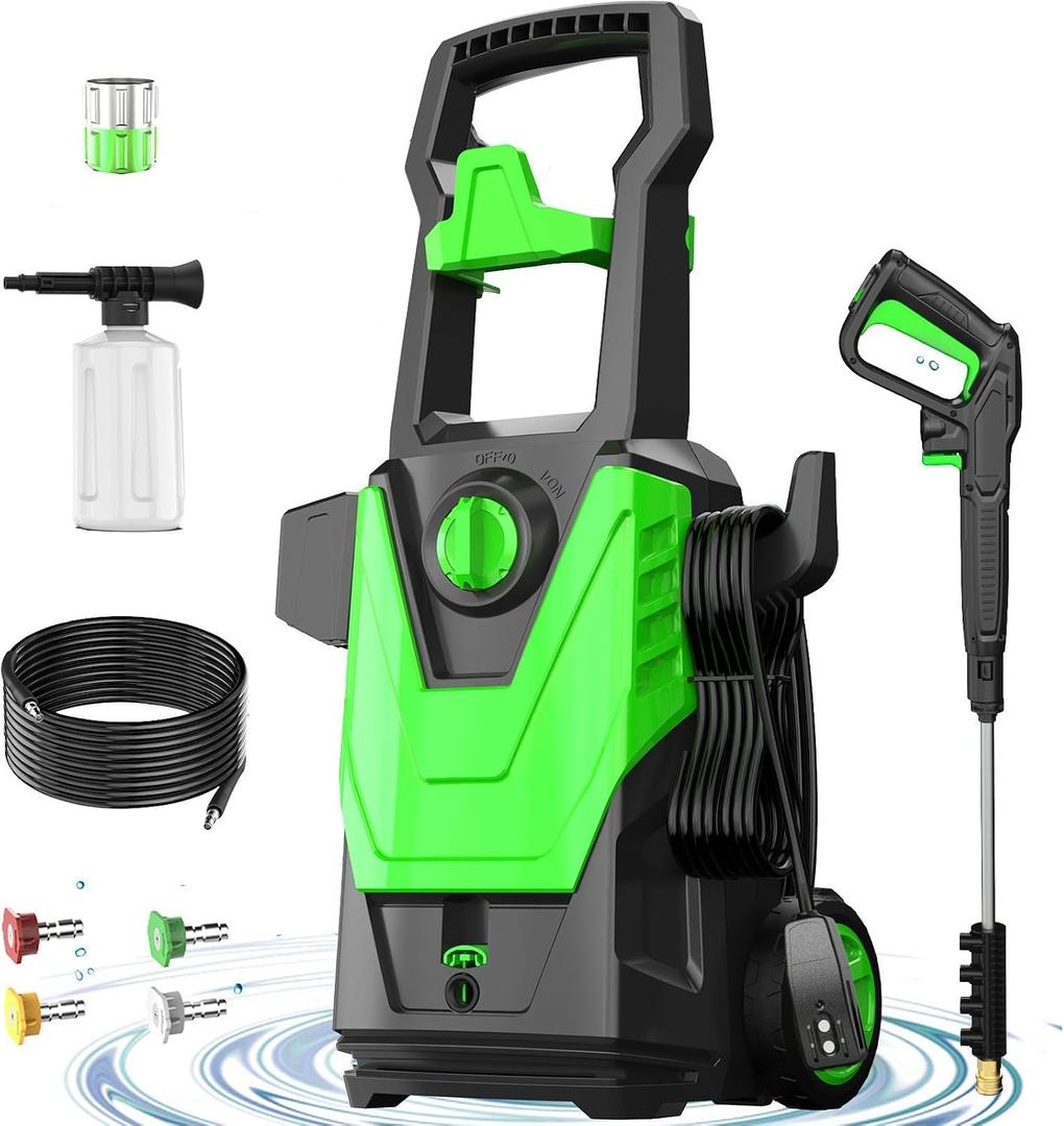 4800PSI PowerWasher with 20FT Hose, 35FT Cord, 4 Quick Nozzles, Foam Cannon for Car, Lane, Patio Cleaning, Hydro Jet Pressure Hose Water Wand for Gutter Patio Car Garden Window, Green