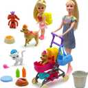 Dolls & Accessories Playset with Doll Transforming Stroller Dog Pet for Girls Ages 3-5-7-12 Birthday Gifts